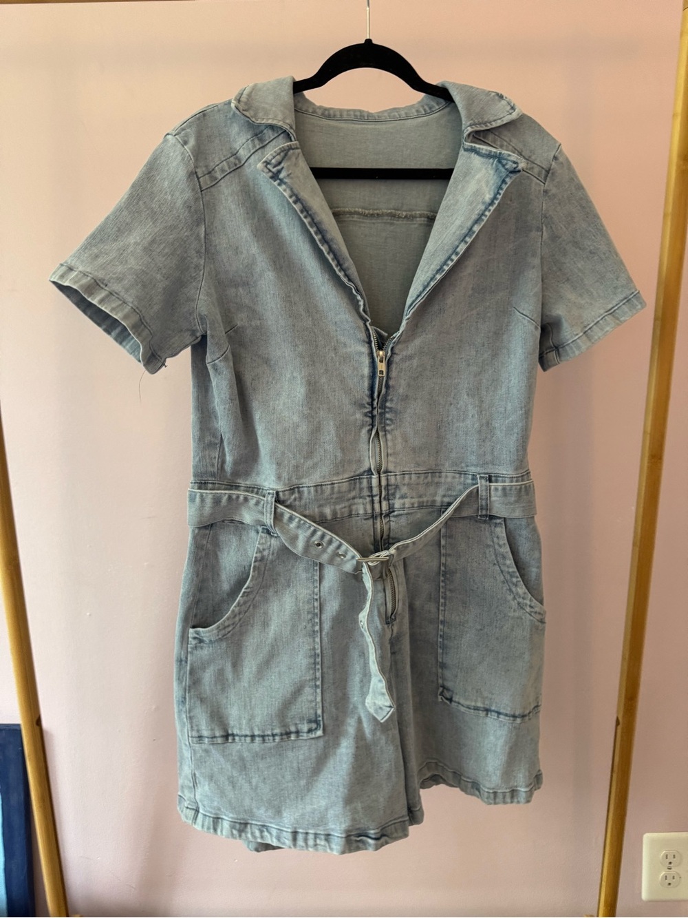 Light Wash Denim Romper with Zipper and Belt
